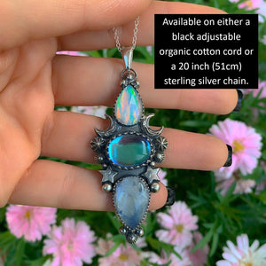 Rose Cut Clear Quartz with Aurora Opal, Angel Aura Quartz & Moonstone Pendant - Sterling Silver, Triple Stone Moon Pendant - Star Necklace