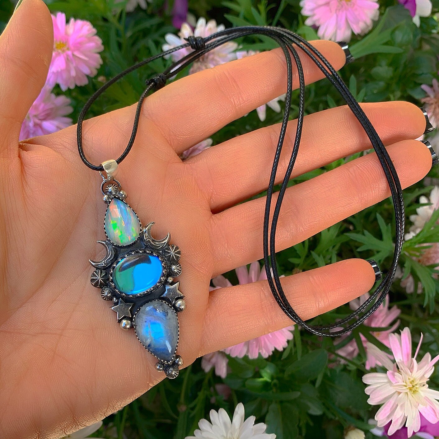 Rose Cut Clear Quartz with Aurora Opal, Angel Aura Quartz & Moonstone Pendant - Sterling Silver, Triple Stone Moon Pendant - Star Necklace
