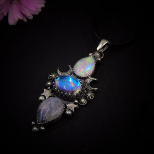 Rose Cut Clear Quartz with Aurora Opal, Angel Aura Quartz & Moonstone Pendant - Sterling Silver, Triple Stone Moon Pendant - Star Necklace
