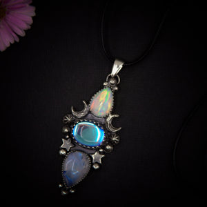 Rose Cut Clear Quartz with Aurora Opal, Angel Aura Quartz & Moonstone Pendant - Sterling Silver, Triple Stone Moon Pendant - Star Necklace