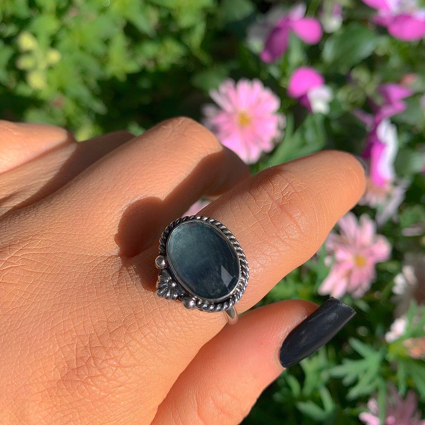 Rose Cut Fluorite Ring - Size 9 - Sterling Silver - Faceted Fluorite Jewelry - Green Fluorite Ring - OOAK Teal Flurorite Statement Jewellery