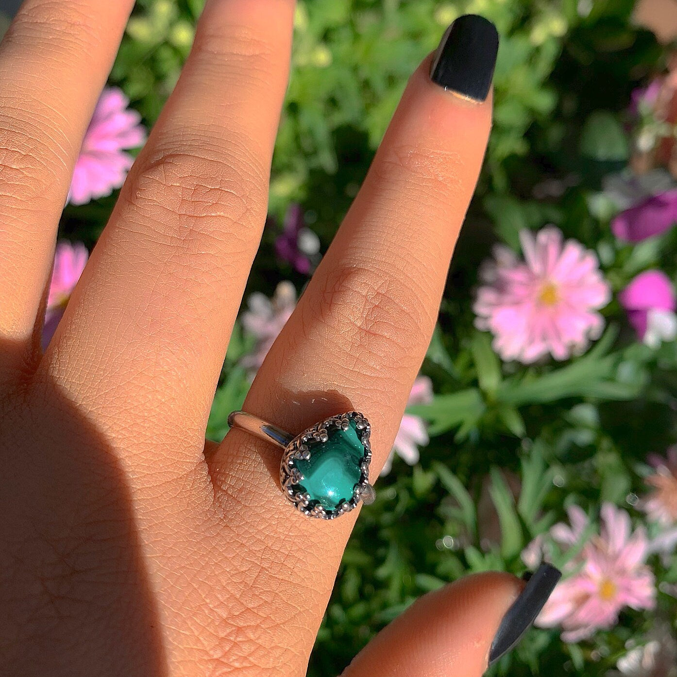 Malachite Ring - Size 9 - Sterling Silver - Dainty Malachite Ring - Teardrop Malachite Jewelry - Unique Gemstone Ring - Green Stone Ring
