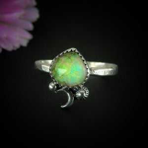 Rose Cut Clear Quartz & Monarch Opal Ring - Size 13 1/2 - Sterling Silver - Rainbow Opal Jewellery - Sterling Opal Crescent Moon Ring - OOAK