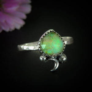Rose Cut Clear Quartz & Monarch Opal Ring - Size 13 1/2 - Sterling Silver - Rainbow Opal Jewellery - Sterling Opal Crescent Moon Ring - OOAK