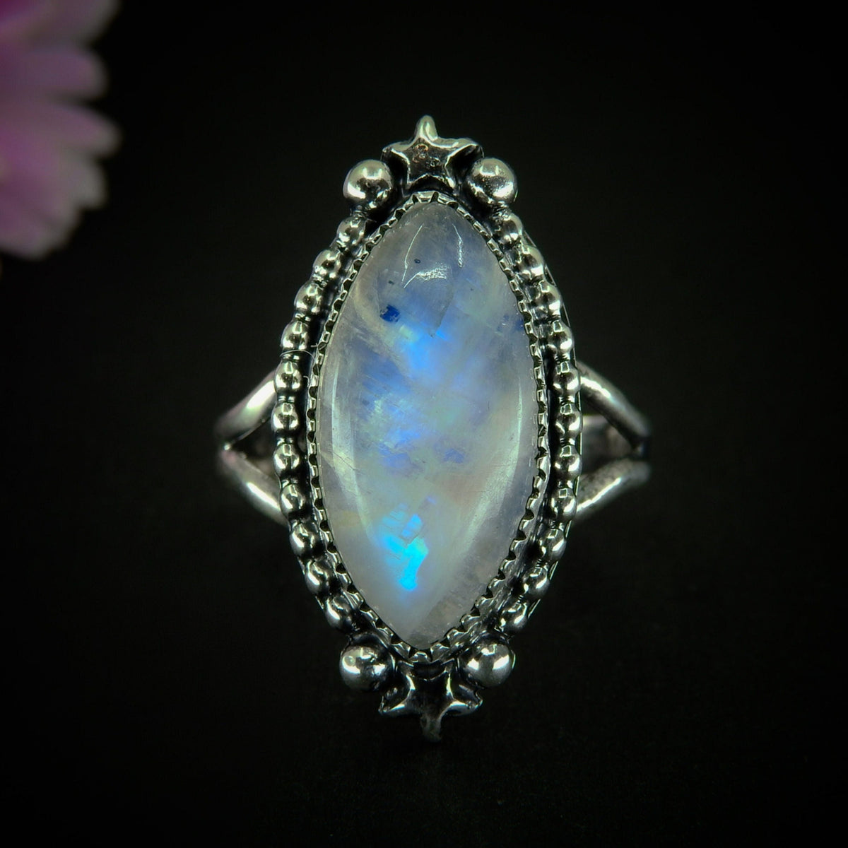 Marquise Moonstone Ring - Size 9 - Sterling Silver - Rainbow Moonstone Jewelry - Flashy Moonstone Jewellery - Crescent Moon Ring Celestial