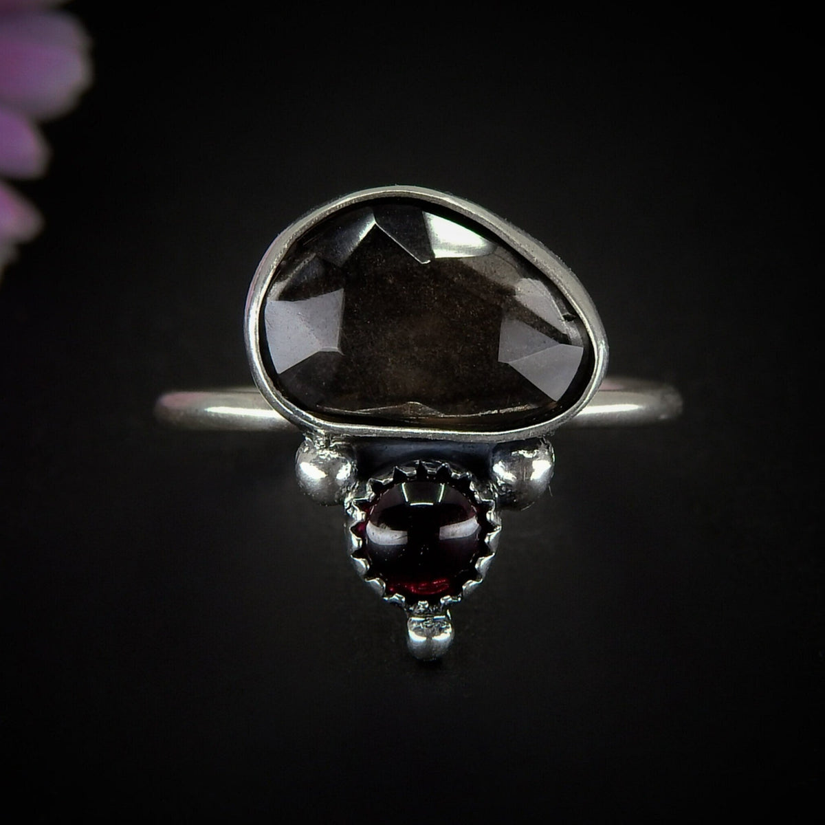 Rose Cut Smoky Quartz & Rhodolite Garnet Ring - Size 8 1/4 - Sterling Silver - Dainty Smoky Quartz Ring - Double Stone Ring - Red Garnet