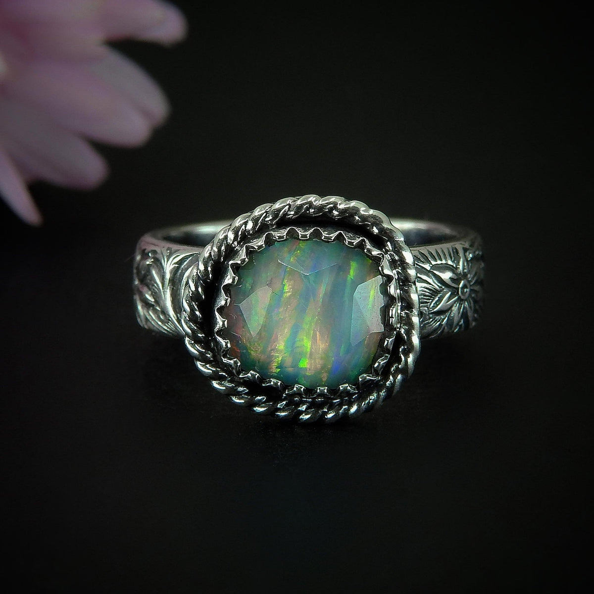 Rose Cut Clear Quartz & Aurora Opal Ring - Size 5 1/4 - Sterling Silver - Rainbow Opal Jewellery - Thick Floral Ring Band Rainbow Crystal