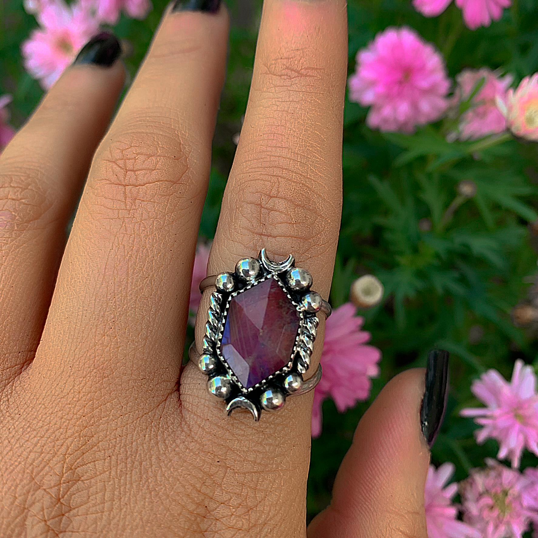 Rose Cut Moonstone & Red Jasper Ring - Size 8 1/4 - Sterling Silver - Pink Moonstone Ring - Moonstone Ring - Crescent Moon Ring Jewelry