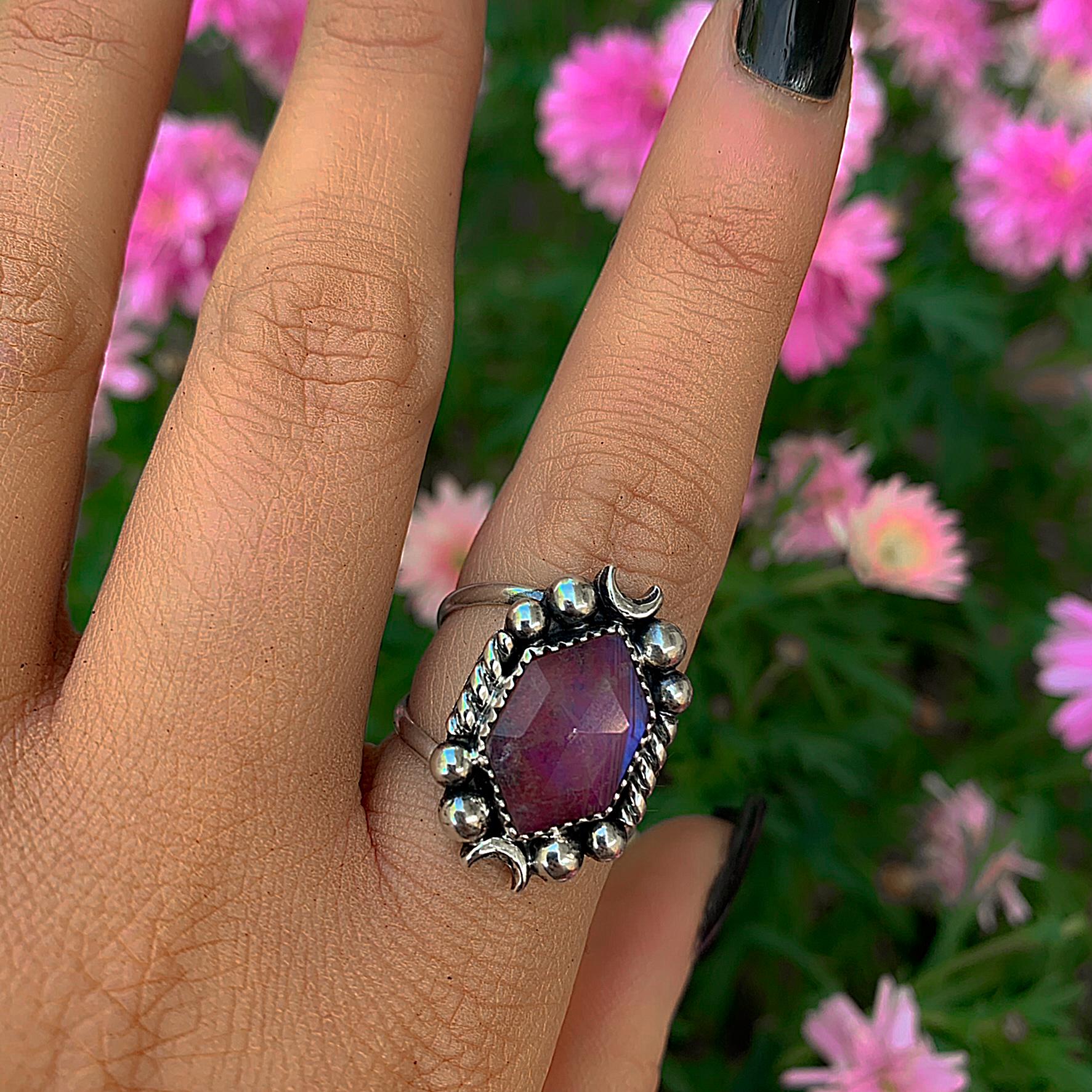 Rose Cut Moonstone & Red Jasper Ring - Size 8 1/4 - Sterling Silver - Pink Moonstone Ring - Moonstone Ring - Crescent Moon Ring Jewelry