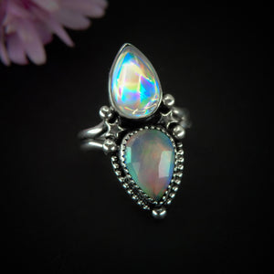 Angel Aura Quartz & Rose Cut Clear Quartz with Aurora Opal Ring - Size 7 to 7 1/4 - Sterling Silver, Rainbow Opal Jewelry, Crystal Star Ring