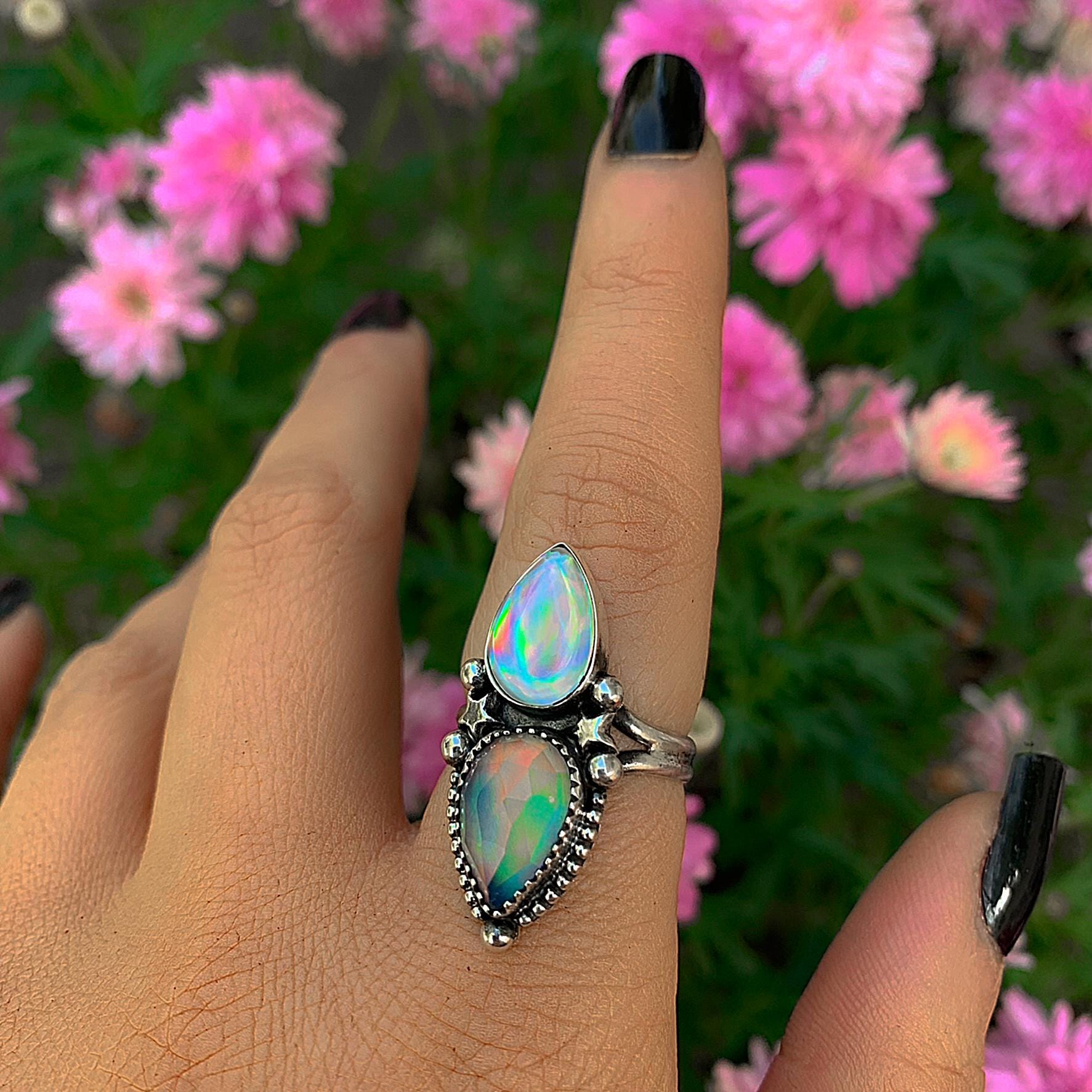 Angel Aura Quartz & Rose Cut Clear Quartz with Aurora Opal Ring - Size 7 to 7 1/4 - Sterling Silver, Rainbow Opal Jewelry, Crystal Star Ring