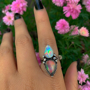 Angel Aura Quartz & Rose Cut Clear Quartz with Aurora Opal Ring - Size 7 to 7 1/4 - Sterling Silver, Rainbow Opal Jewelry, Crystal Star Ring