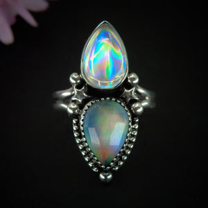Angel Aura Quartz & Rose Cut Clear Quartz with Aurora Opal Ring - Size 7 to 7 1/4 - Sterling Silver, Rainbow Opal Jewelry, Crystal Star Ring
