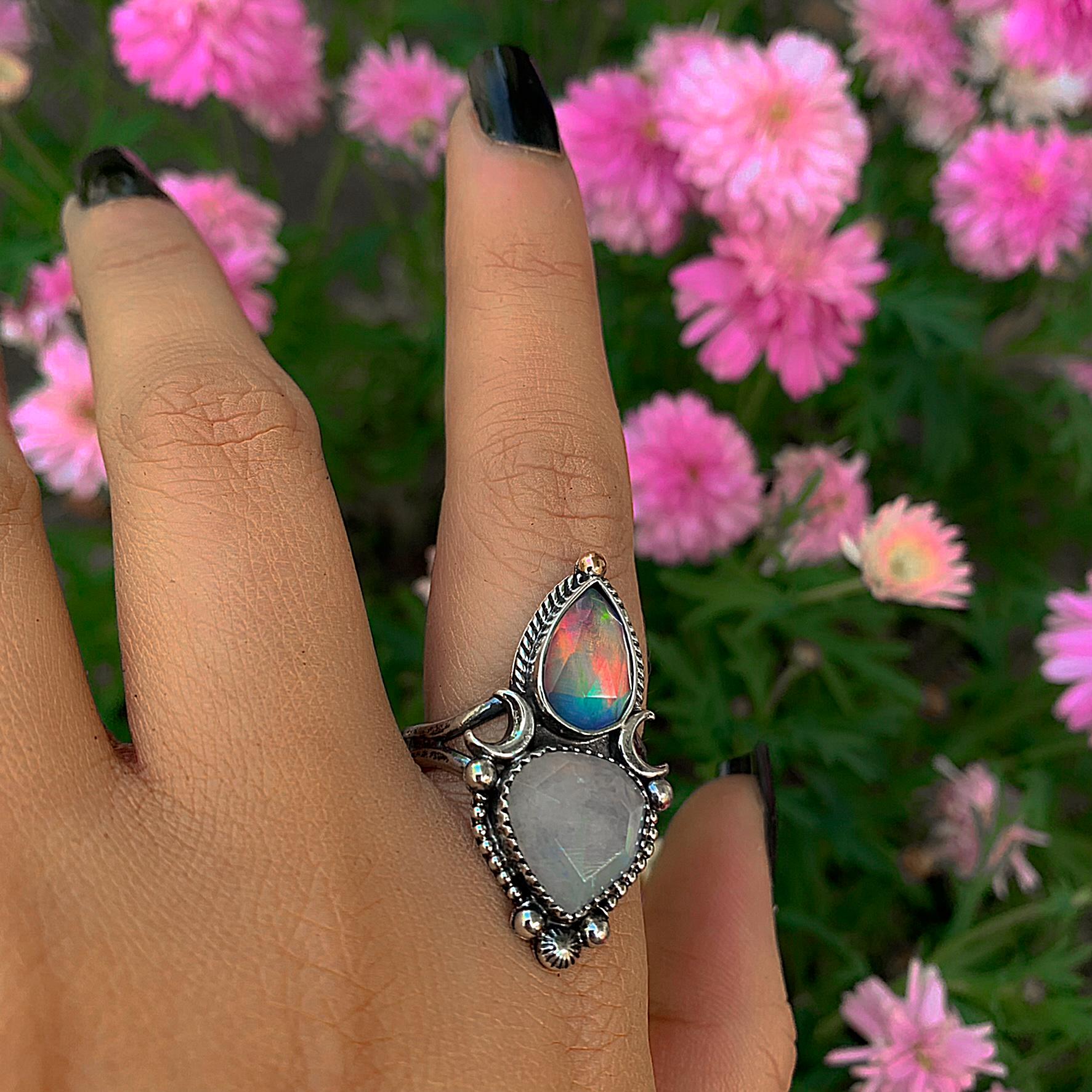Faceted Moonstone & Rose Cut Clear Quartz with Aurora Opal Ring - Size 11 - Sterling Silver - Rainbow Opal Moon Ring - Aurora Opal Ring OOAK