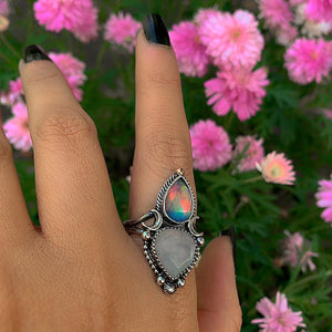 Faceted Moonstone & Rose Cut Clear Quartz with Aurora Opal Ring - Size 11 - Sterling Silver - Rainbow Opal Moon Ring - Aurora Opal Ring OOAK