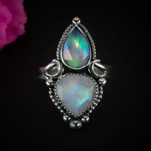 Faceted Moonstone & Rose Cut Clear Quartz with Aurora Opal Ring - Size 11 - Sterling Silver - Rainbow Opal Moon Ring - Aurora Opal Ring OOAK