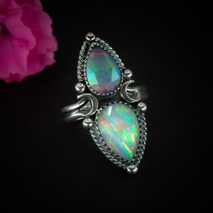 Rose Cut Clear Quartz with Aurora Opal Ring - Size 10 - Sterling Silver - Rainbow Opal Crescent Moon Ring - Aurora Opal Ring OOAK Celestial