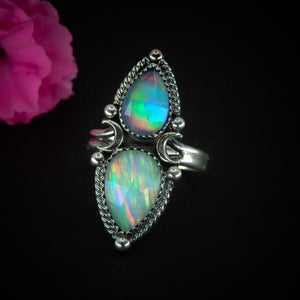 Rose Cut Clear Quartz with Aurora Opal Ring - Size 10 - Sterling Silver - Rainbow Opal Crescent Moon Ring - Aurora Opal Ring OOAK Celestial