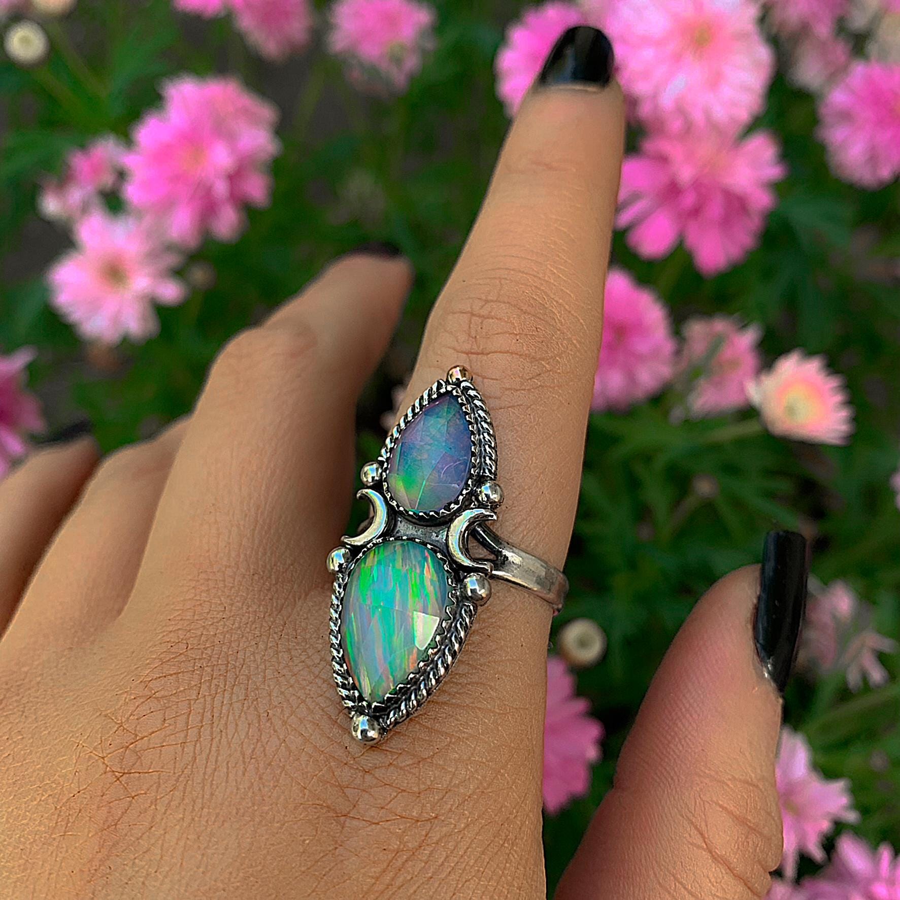 Rose Cut Clear Quartz with Aurora Opal Ring - Size 10 - Sterling Silver - Rainbow Opal Crescent Moon Ring - Aurora Opal Ring OOAK Celestial