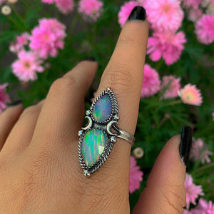 Rose Cut Clear Quartz with Aurora Opal Ring - Size 10 - Sterling Silver - Rainbow Opal Crescent Moon Ring - Aurora Opal Ring OOAK Celestial
