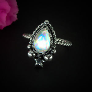Angel Aura Quartz Ring - Size 12 - Sterling Silver - Angel Aura Quartz Star Ring - Teardrop Aura Quartz Jewelry Ring - Rainbow Crystal OOAK