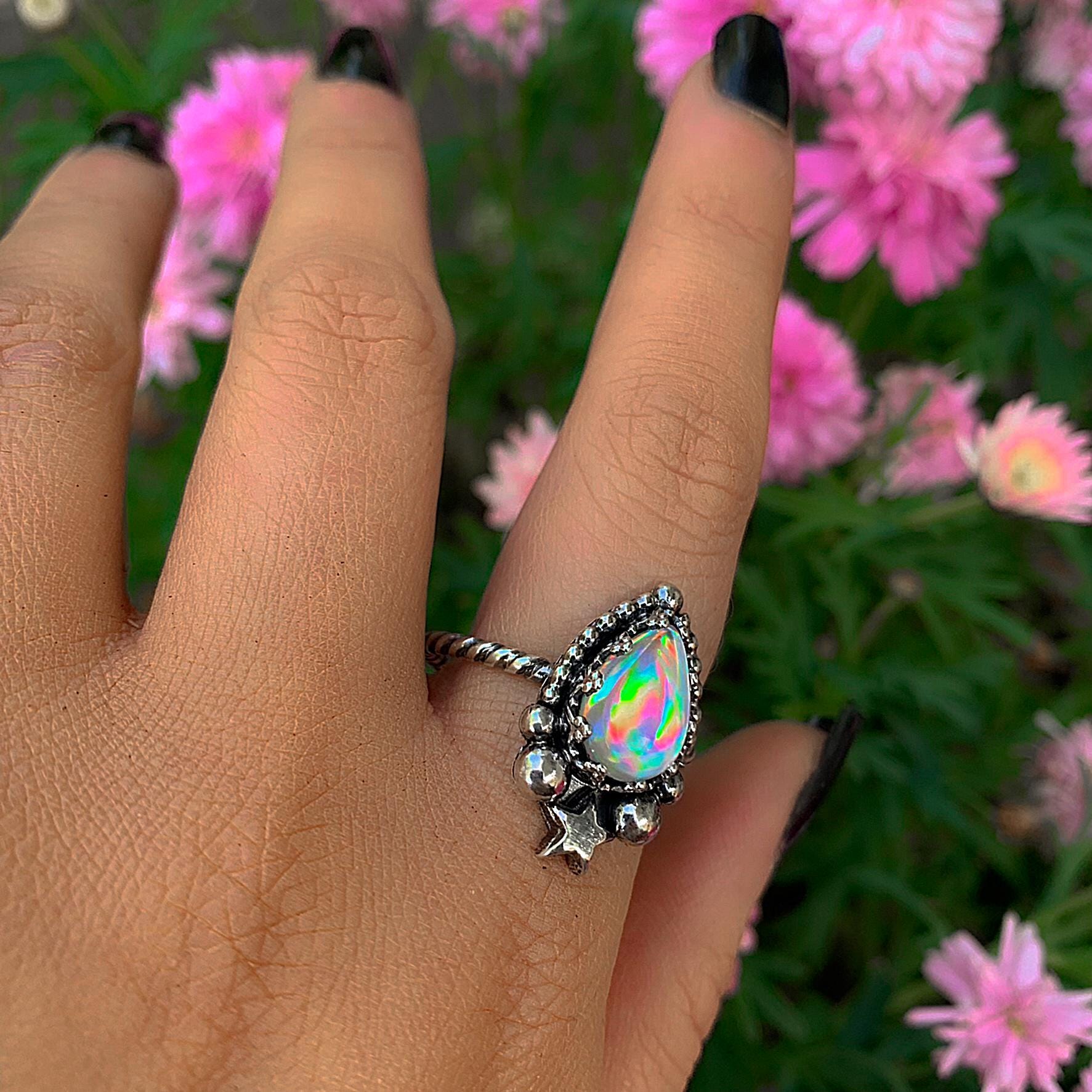 Angel Aura Quartz Ring - Size 12 - Sterling Silver - Angel Aura Quartz Star Ring - Teardrop Aura Quartz Jewelry Ring - Rainbow Crystal OOAK