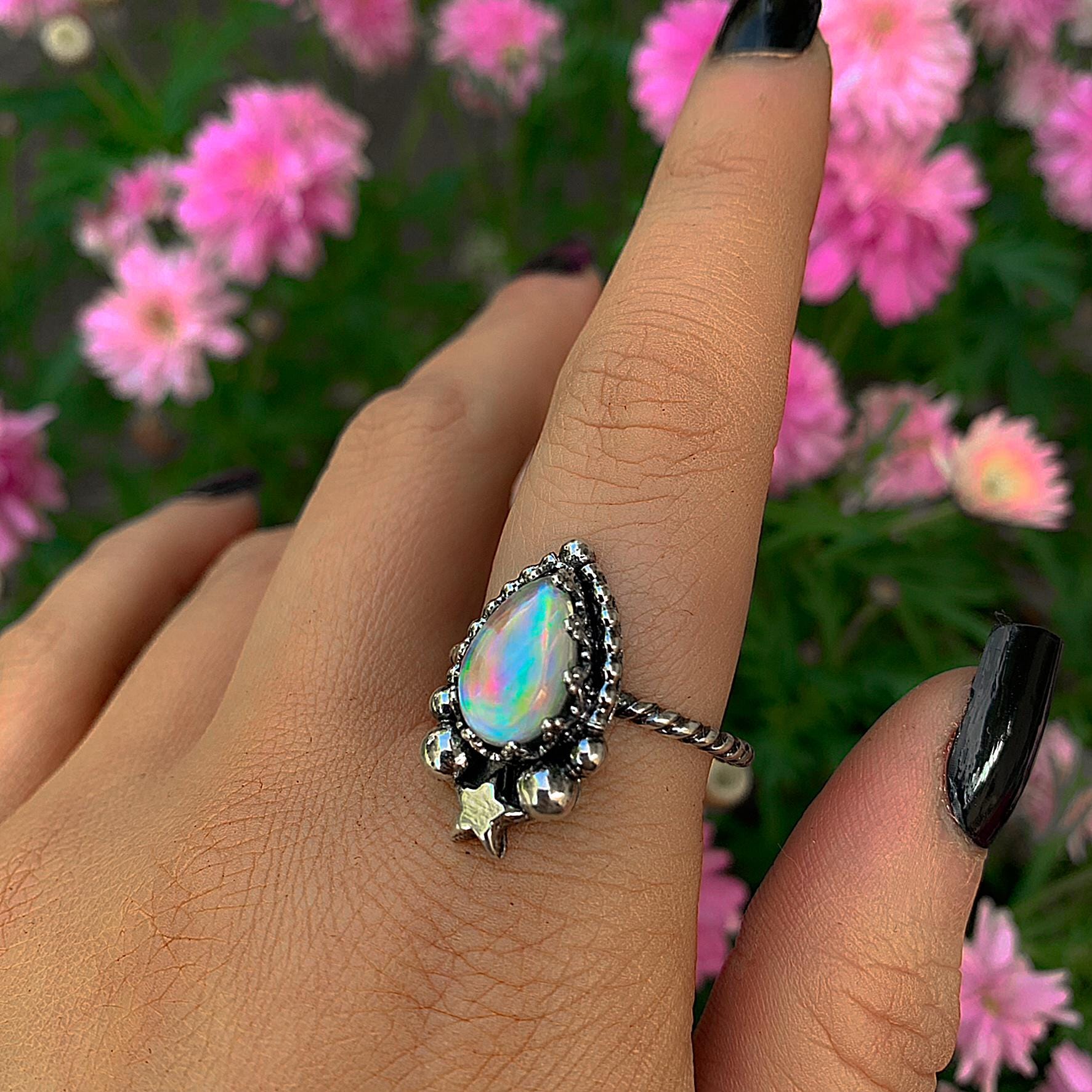 Angel Aura Quartz Ring - Size 12 - Sterling Silver - Angel Aura Quartz Star Ring - Teardrop Aura Quartz Jewelry Ring - Rainbow Crystal OOAK