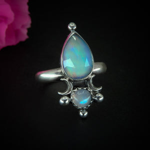 Rose Cut Clear Quartz with Aurora Opal & Moonstone Ring - Size 6 1/4 to 6 1/2 - Sterling Silver - Rainbow Opal Moon Ring - Aurora Opal Ring