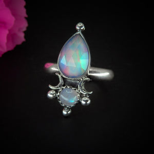 Rose Cut Clear Quartz with Aurora Opal & Moonstone Ring - Size 6 1/4 to 6 1/2 - Sterling Silver - Rainbow Opal Moon Ring - Aurora Opal Ring