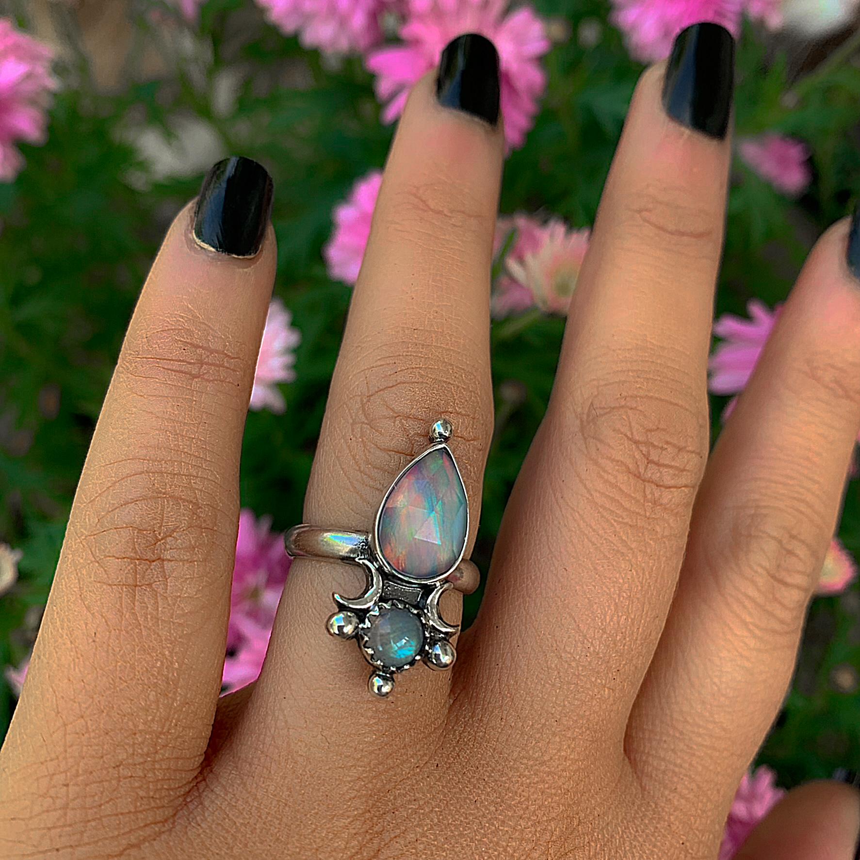 Rose Cut Clear Quartz with Aurora Opal & Moonstone Ring - Size 6 1/4 to 6 1/2 - Sterling Silver - Rainbow Opal Moon Ring - Aurora Opal Ring