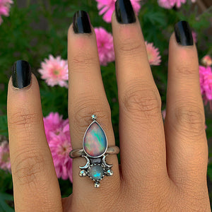 Rose Cut Clear Quartz with Aurora Opal & Moonstone Ring - Size 6 1/4 to 6 1/2 - Sterling Silver - Rainbow Opal Moon Ring - Aurora Opal Ring