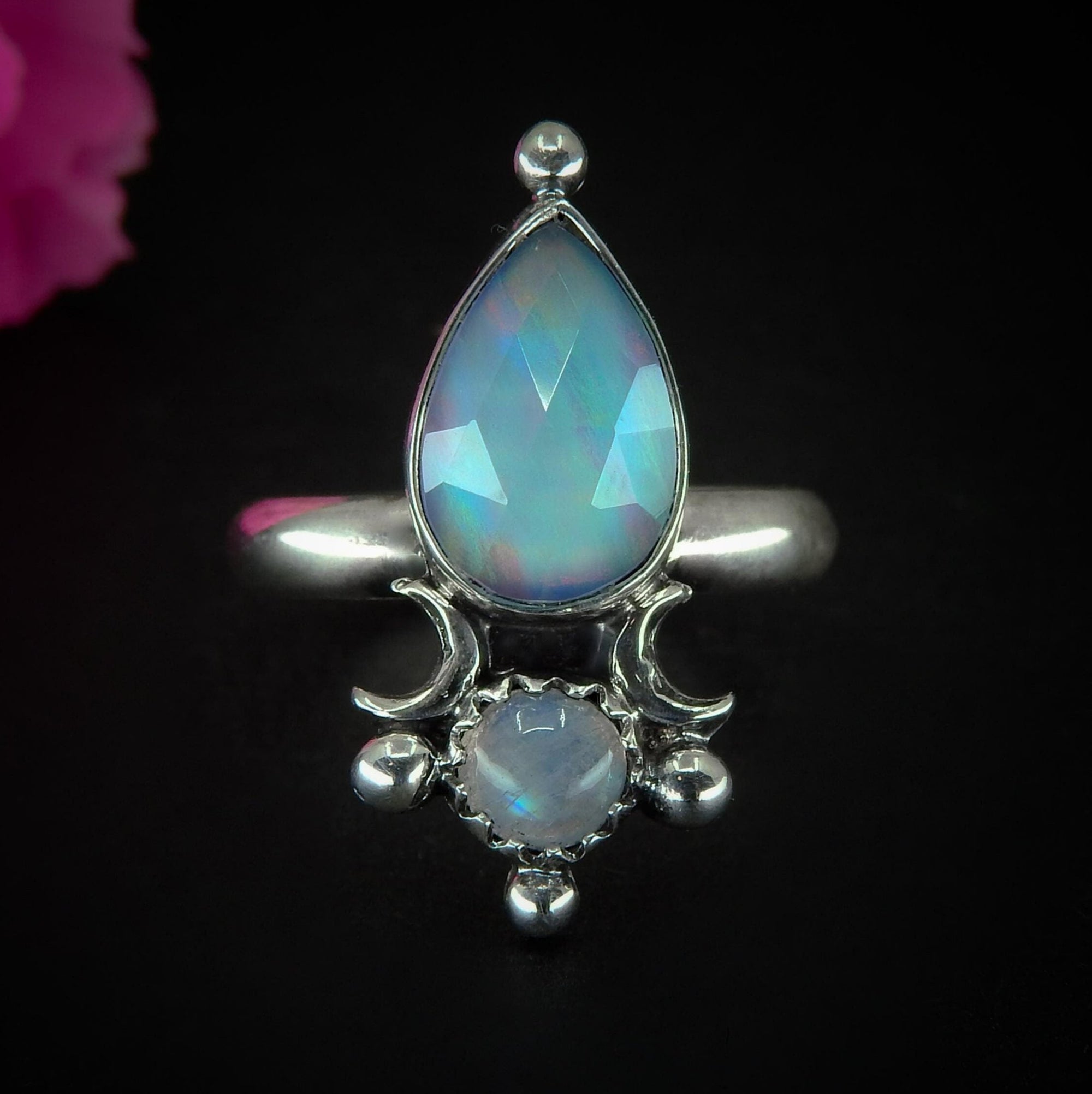Rose Cut Clear Quartz with Aurora Opal & Moonstone Ring - Size 6 1/4 to 6 1/2 - Sterling Silver - Rainbow Opal Moon Ring - Aurora Opal Ring