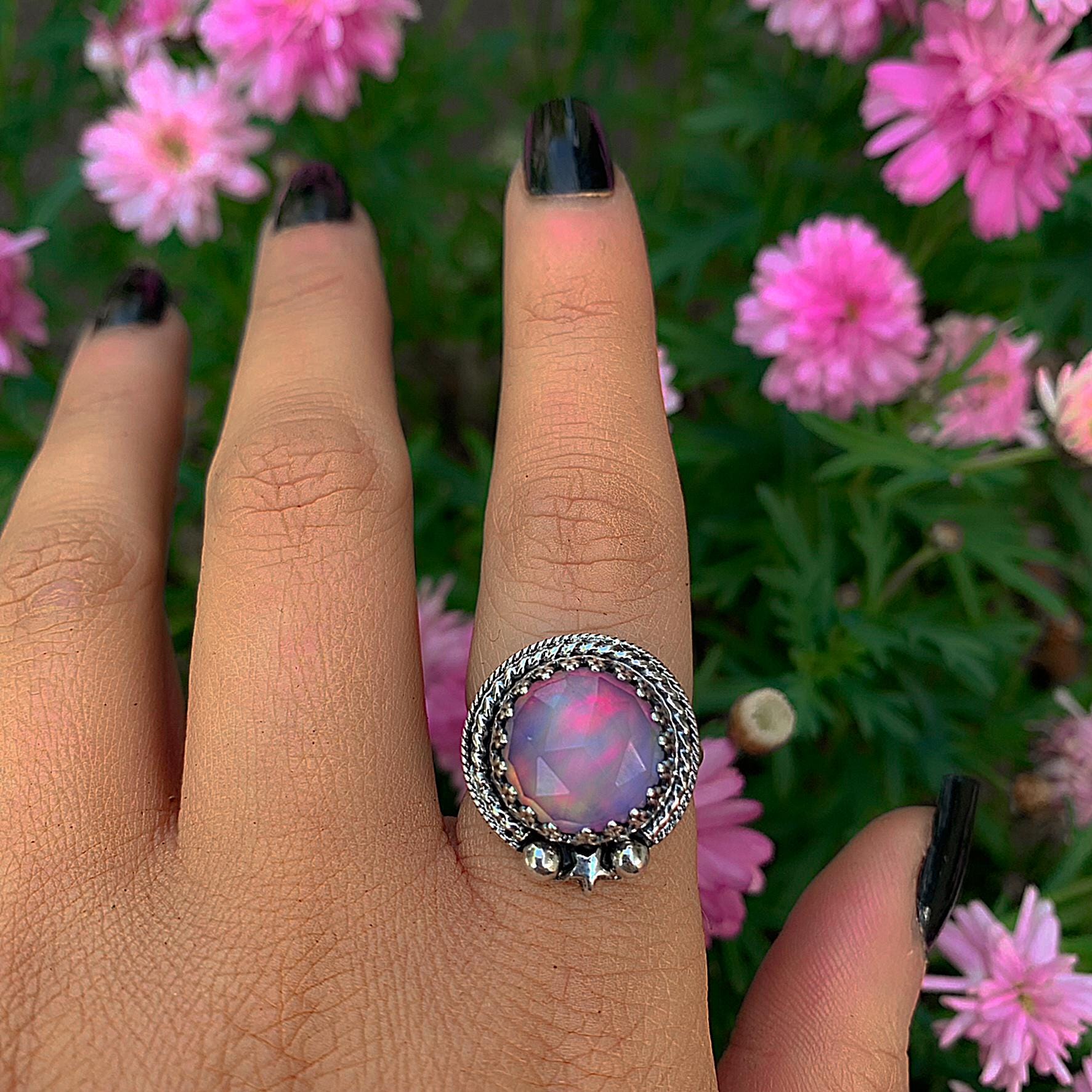 Rose Cut Clear Quartz & Aurora Opal Ring - Size 7 - Sterling Silver - Pastel Rainbow Opal Ring - Round Opal Jewellery - Faceted Star Ring