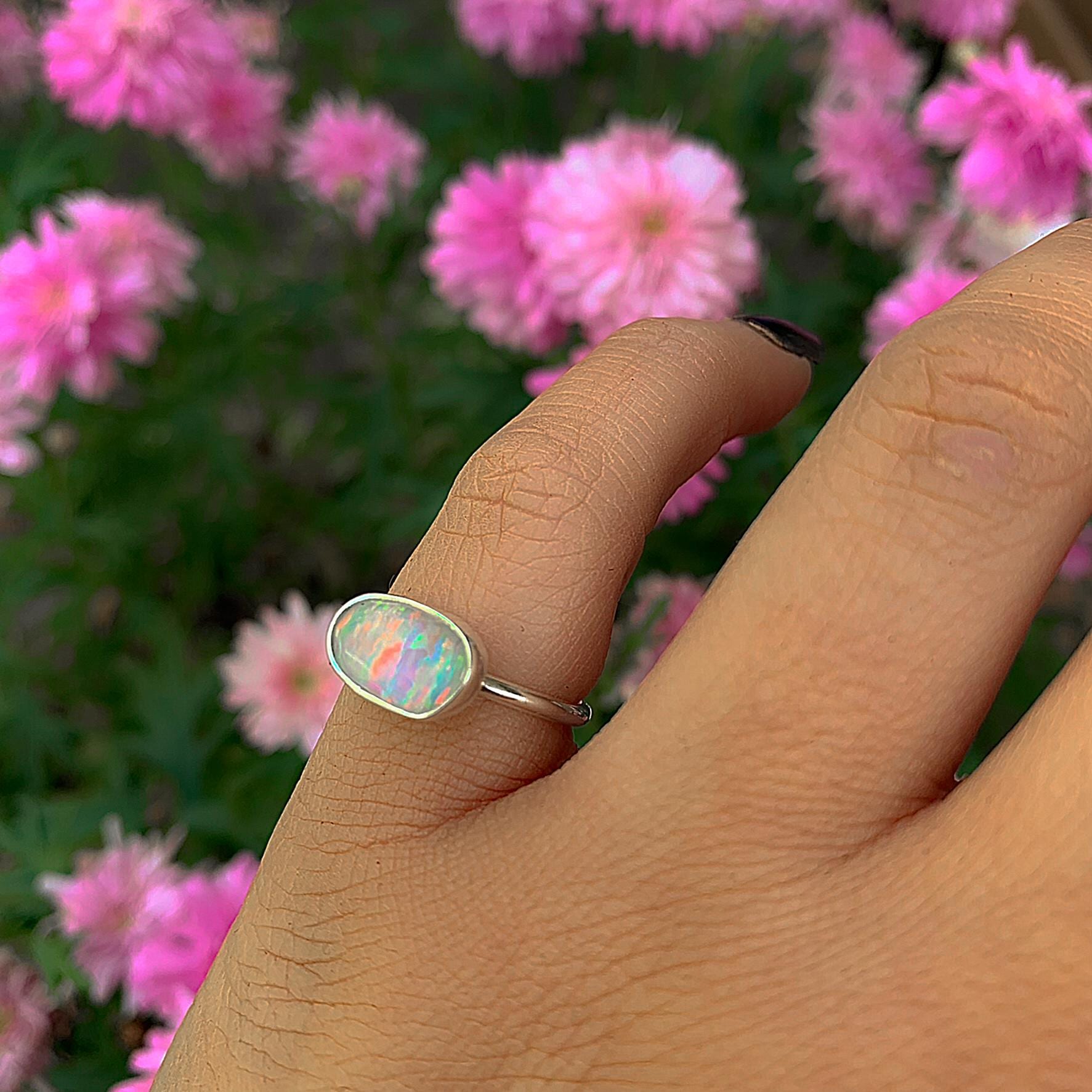 Rose Cut Clear Quartz & Aurora Opal Ring - Size 4 - Sterling Silver - Rainbow Crystal Jewellery - Handcrafted Crystal Ring, Pastel Opal OOAK