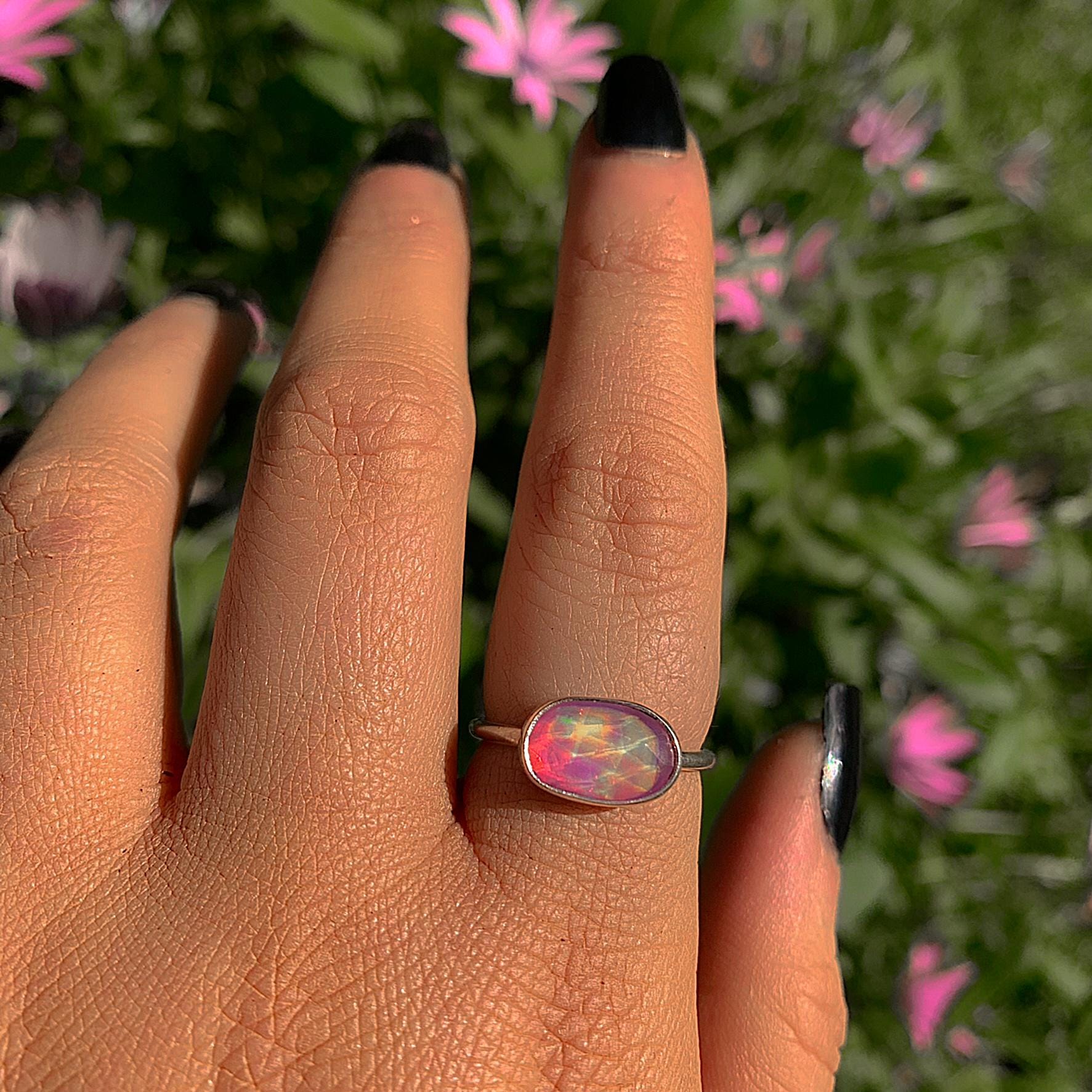Rose Cut Clear Quartz & Aurora Opal Ring - Size 7 - Sterling Silver - Rainbow Crystal Jewellery - Handcrafted Crystal Ring, Pastel Opal OOAK
