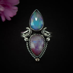 Rose Cut Clear Quartz with Aurora Opal & Rose Cut Moonstone with Red Jasper Ring - Size 8 1/4 - Sterling Silver - Rainbow Opal Moon Ring