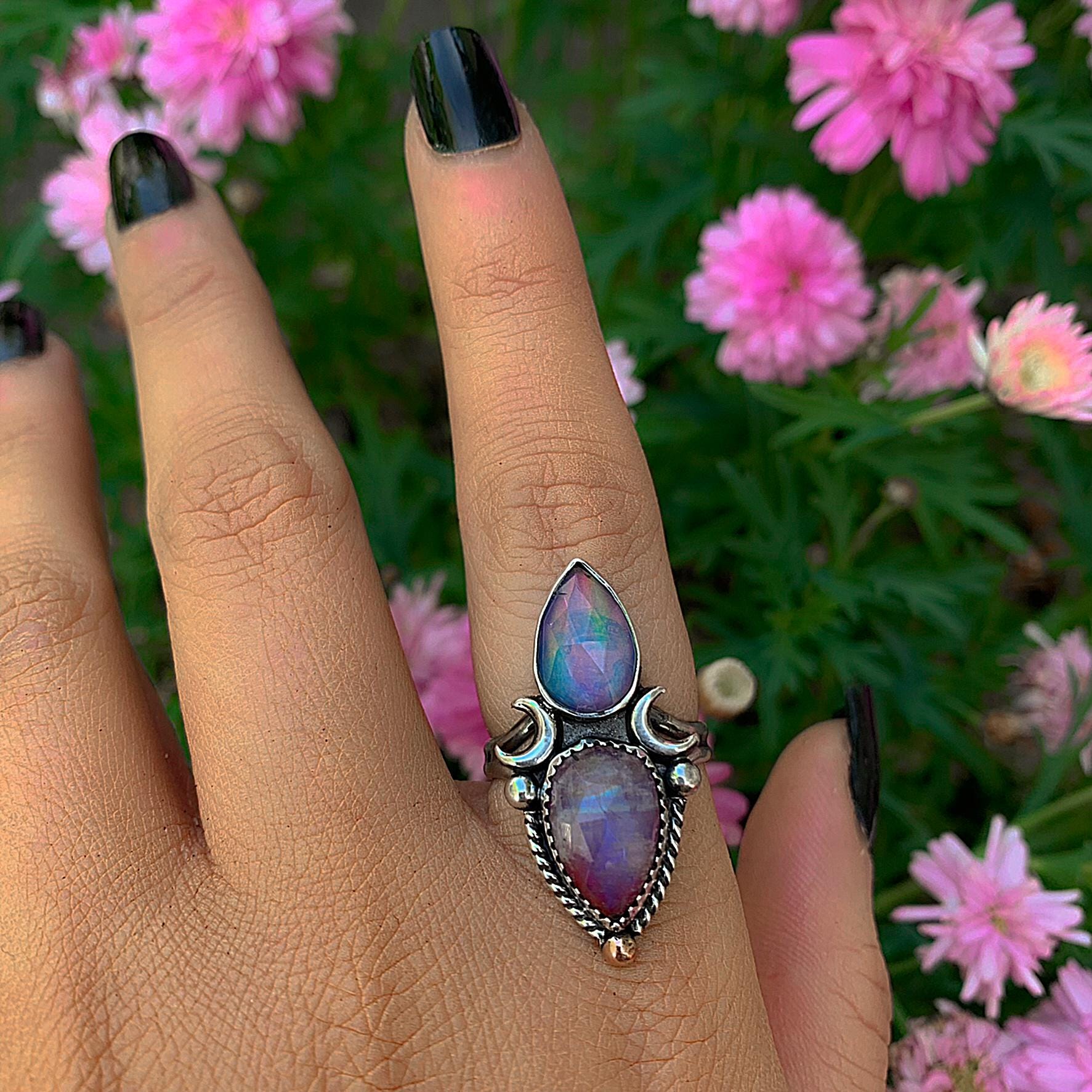 Rose Cut Clear Quartz with Aurora Opal & Rose Cut Moonstone with Red Jasper Ring - Size 8 1/4 - Sterling Silver - Rainbow Opal Moon Ring