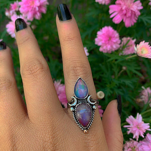 Rose Cut Clear Quartz with Aurora Opal & Rose Cut Moonstone with Red Jasper Ring - Size 8 1/4 - Sterling Silver - Rainbow Opal Moon Ring