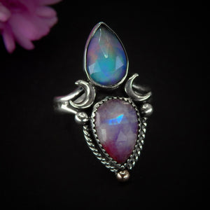 Rose Cut Clear Quartz with Aurora Opal & Rose Cut Moonstone with Red Jasper Ring - Size 8 1/4 - Sterling Silver - Rainbow Opal Moon Ring
