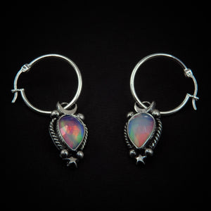 Rose Cut Clear Quartz with Aurora Opal Earrings - Sterling Silver, Pastel Rainbow Opal Crescent Moon Earrings, Rainbow Crystal Stone Dangles