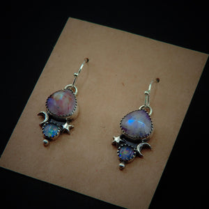Australian Opal & Rose Cut Moonstone with Red Jasper Earrings - Sterling Silver - Pink Moonstone Earrings - Rainbow Opal Earrings Moon Star