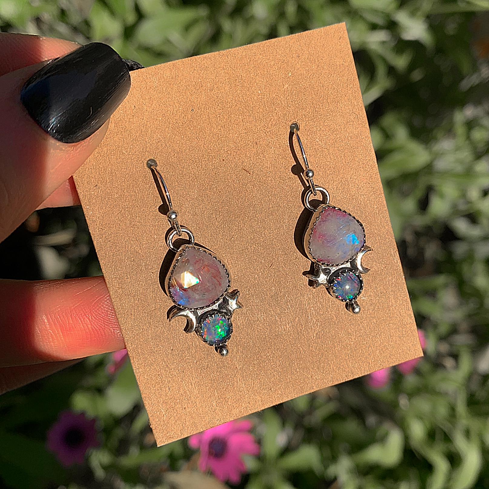 Australian Opal & Rose Cut Moonstone with Red Jasper Earrings - Sterling Silver - Pink Moonstone Earrings - Rainbow Opal Earrings Moon Star