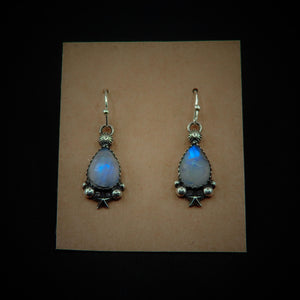 Rose Cut Moonstone Star Earrings - Sterling Silver - Teardrop Rainbow Moonstone Earrings, Celestial Dangles, Faceted Moonstone Hook Earrings