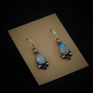 Rose Cut Moonstone Star Earrings - Sterling Silver - Teardrop Rainbow Moonstone Earrings, Celestial Dangles, Faceted Moonstone Hook Earrings