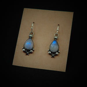 Rose Cut Moonstone Star Earrings - Sterling Silver - Teardrop Rainbow Moonstone Earrings, Celestial Dangles, Faceted Moonstone Hook Earrings