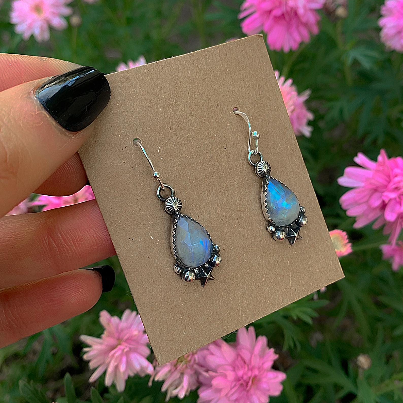 Rose Cut Moonstone Star Earrings - Sterling Silver - Teardrop Rainbow Moonstone Earrings, Celestial Dangles, Faceted Moonstone Hook Earrings
