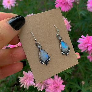 Rose Cut Moonstone Star Earrings - Sterling Silver - Teardrop Rainbow Moonstone Earrings, Celestial Dangles, Faceted Moonstone Hook Earrings