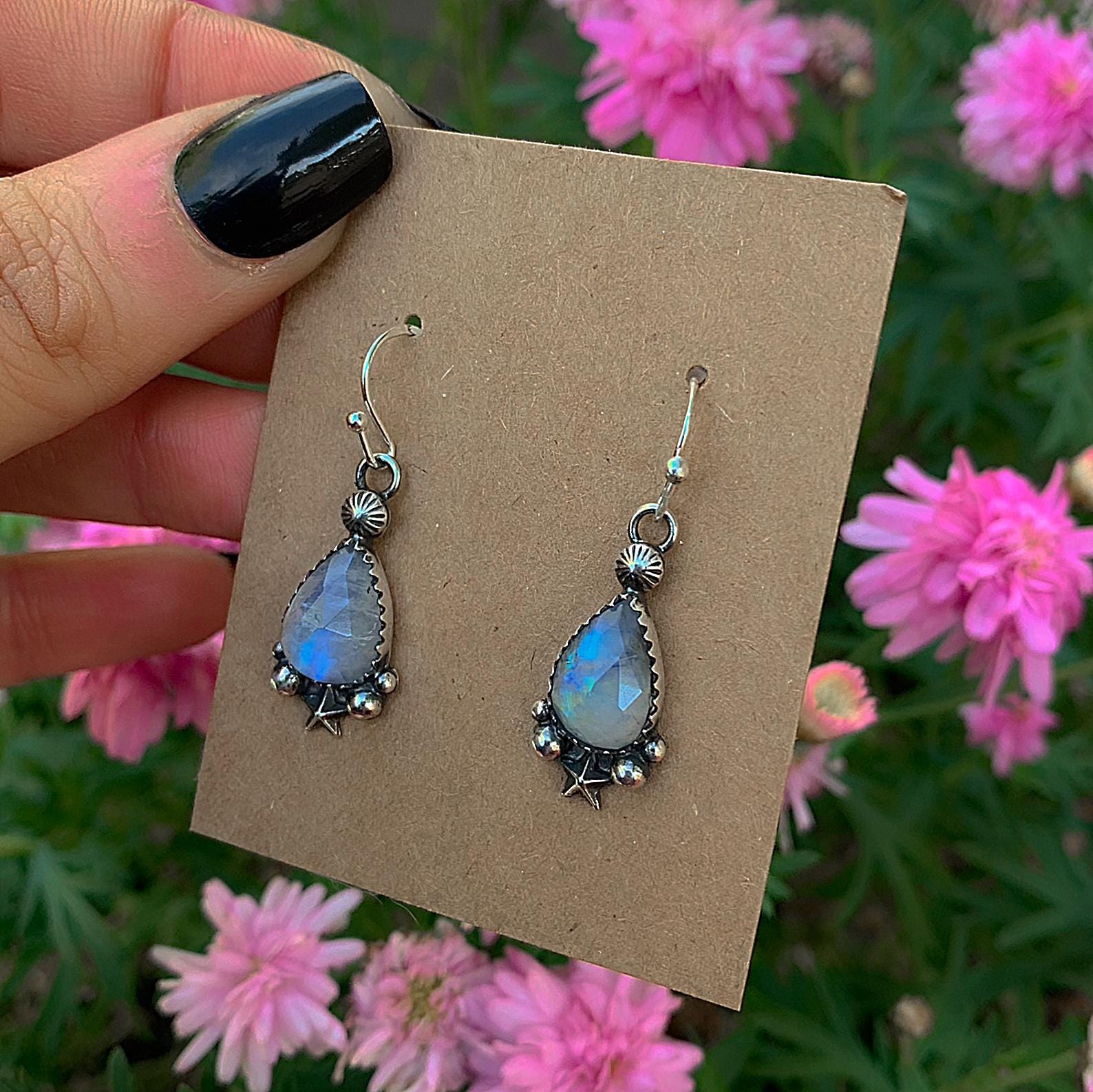 Rose Cut Moonstone Star Earrings - Sterling Silver - Teardrop Rainbow Moonstone Earrings, Celestial Dangles, Faceted Moonstone Hook Earrings