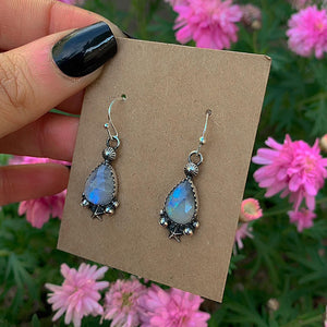Rose Cut Moonstone Star Earrings - Sterling Silver - Teardrop Rainbow Moonstone Earrings, Celestial Dangles, Faceted Moonstone Hook Earrings