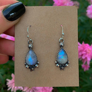 Rose Cut Moonstone Star Earrings - Sterling Silver - Teardrop Rainbow Moonstone Earrings, Celestial Dangles, Faceted Moonstone Hook Earrings